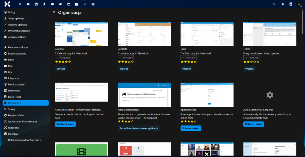 spis aplikacje nextcloud