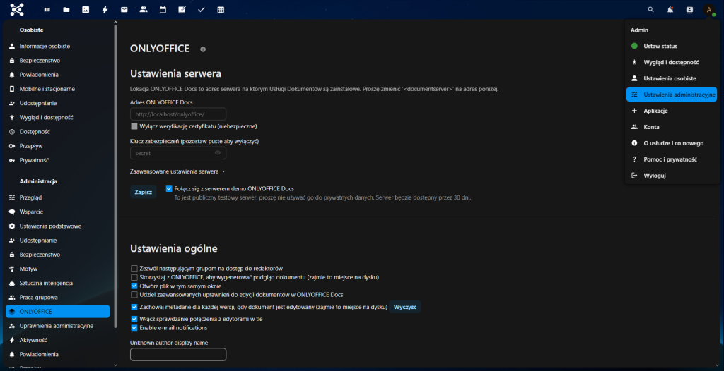 ustawienia onlyoffice nextcloud