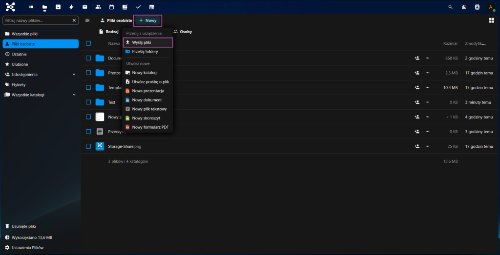 widok plików umieszczonych na nextcloud
